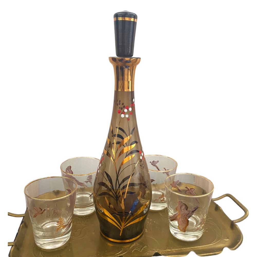 Vintage Decanter, Mid Century Modern, glass, Handpainted, smoked glass